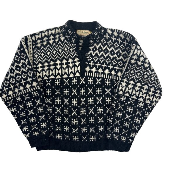 L.L. Bean Sweaters - L.L. Bean Vintage 80's Nordic Black White Sweater Henley Button Neck Size M